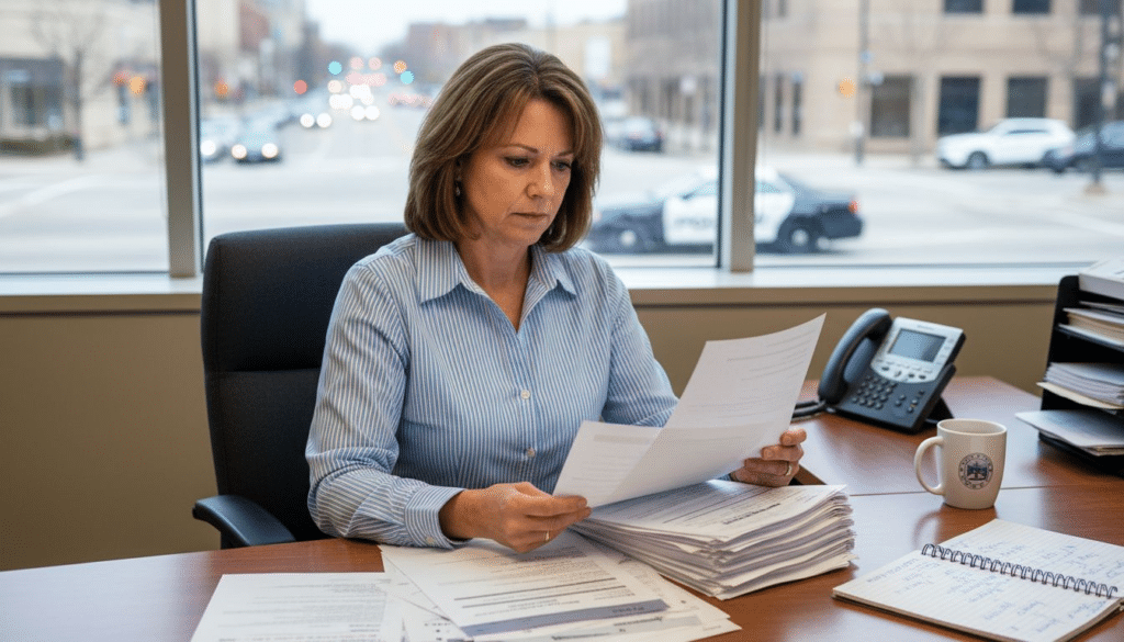 HR manager reviewing public safety screening paperwork