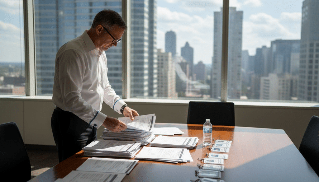 Security manager reviewing screening paperwork