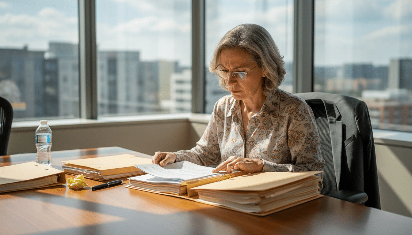 HR manager reviews employment applications in office