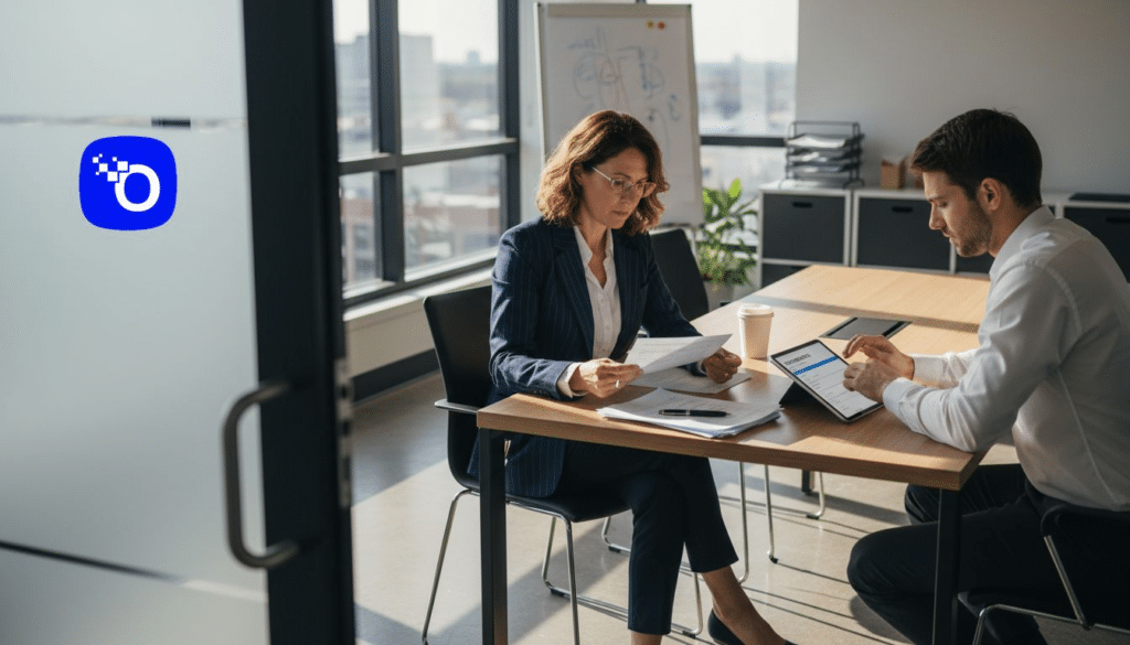 Recruiters reviewing candidates in sunlit office