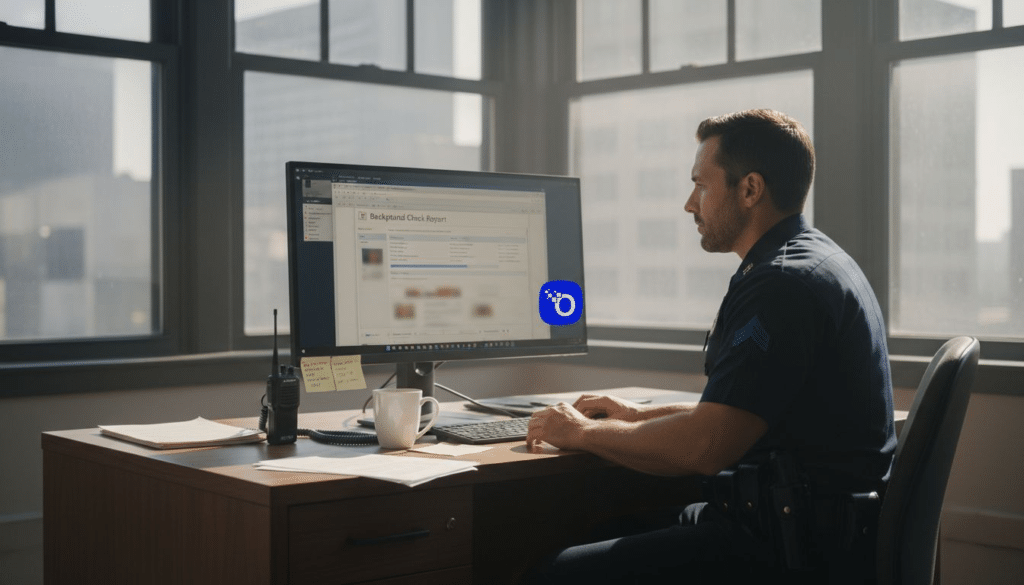 Officer running background check in office workspace