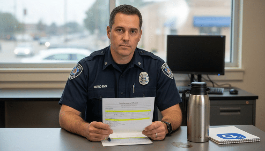 EMS manager reviewing background check paperwork