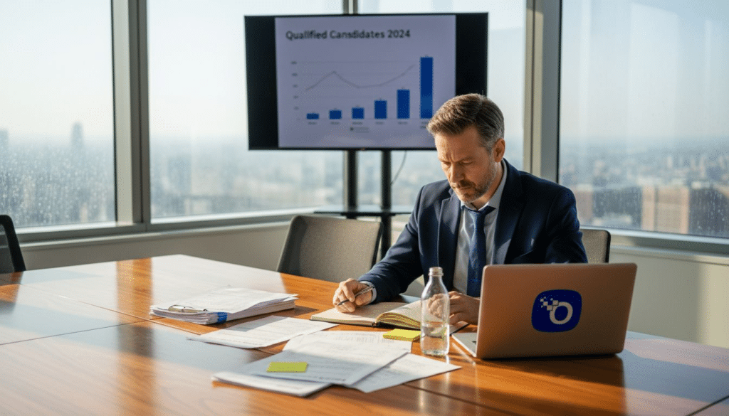 Manager reviewing resumes in corner office