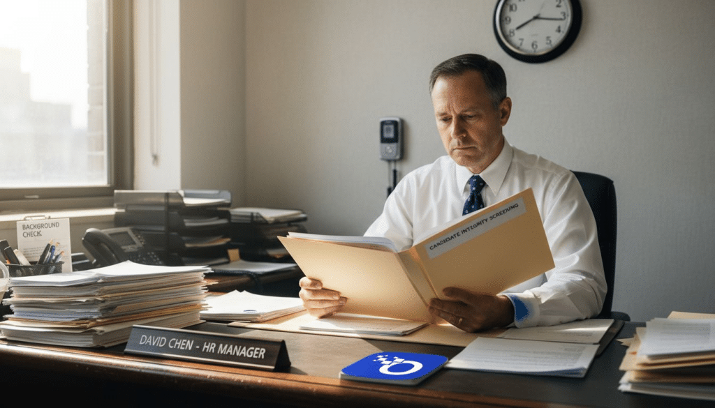 HR manager reviews candidate integrity screening folder