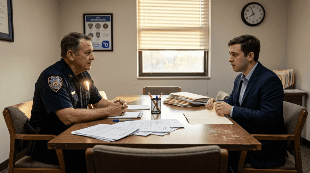Police officer interviews applicant in small office