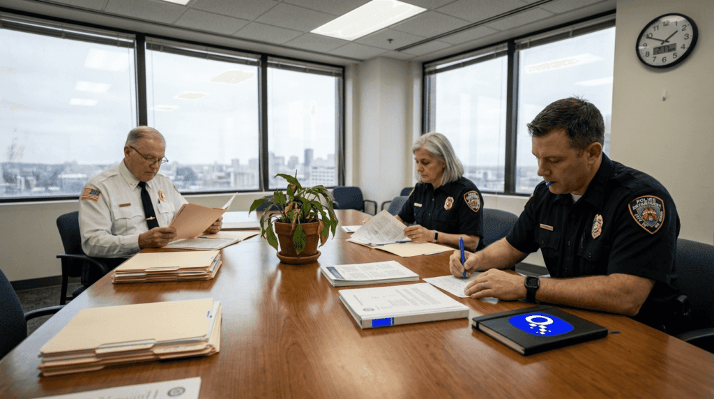 Officers reviewing files for police hiring decisions