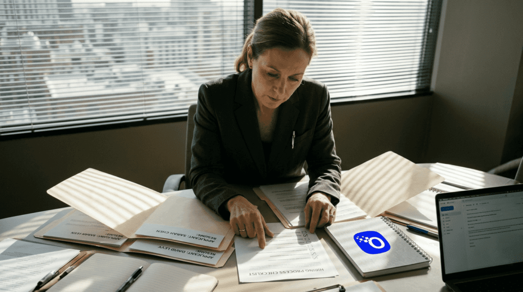 HR manager reviewing candidate screening files in office
