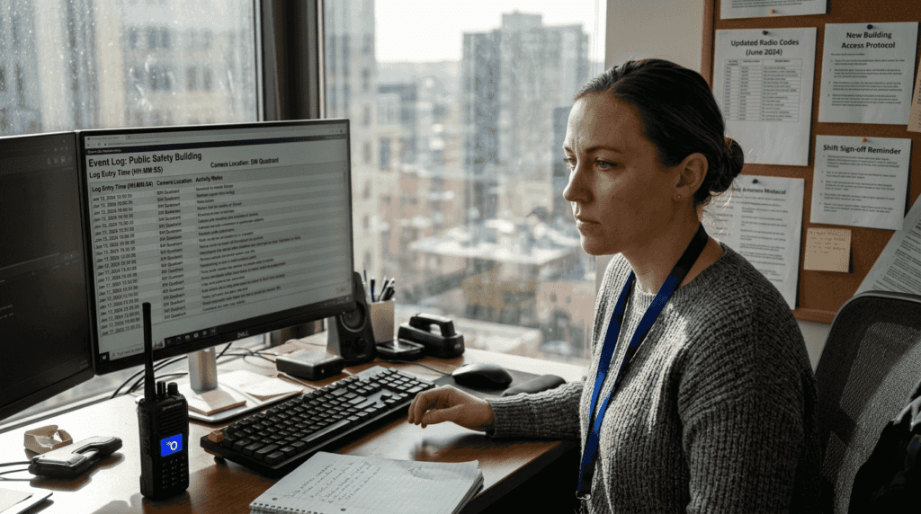 Public safety worker reviewing monitoring logs
