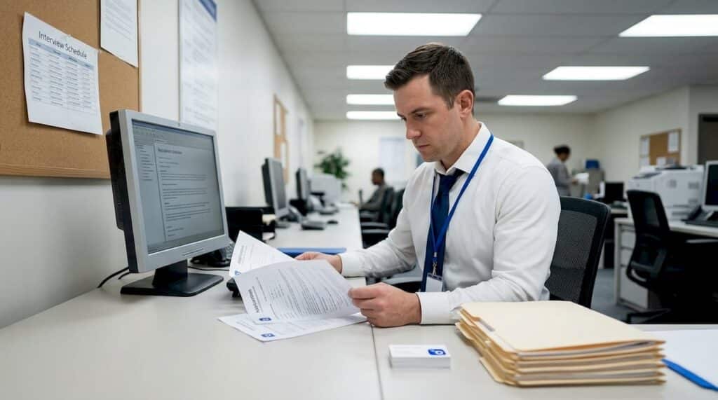 Recruitment officer reviews digital applications at desk