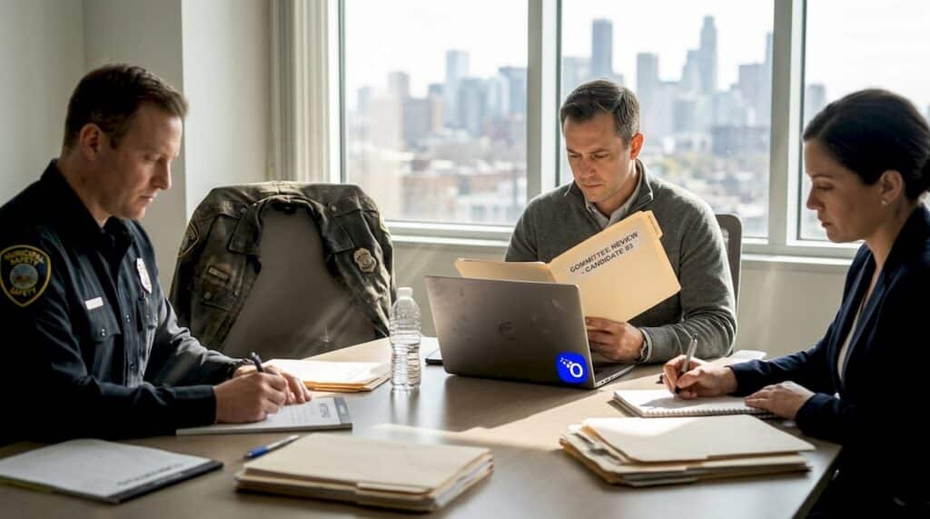 Officials reviewing candidate files in a meeting