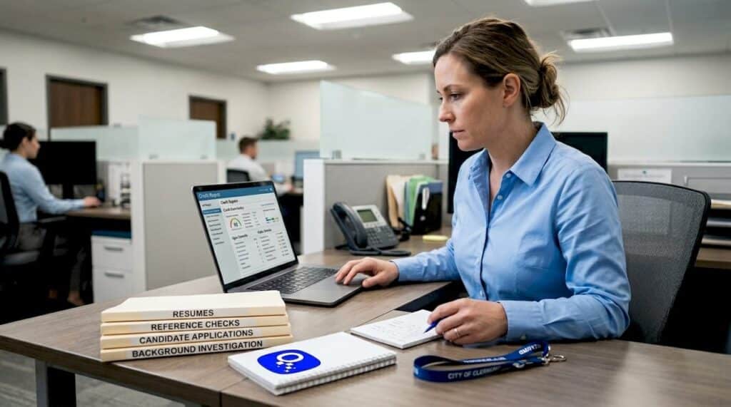 HR specialist reviewing candidate financial report