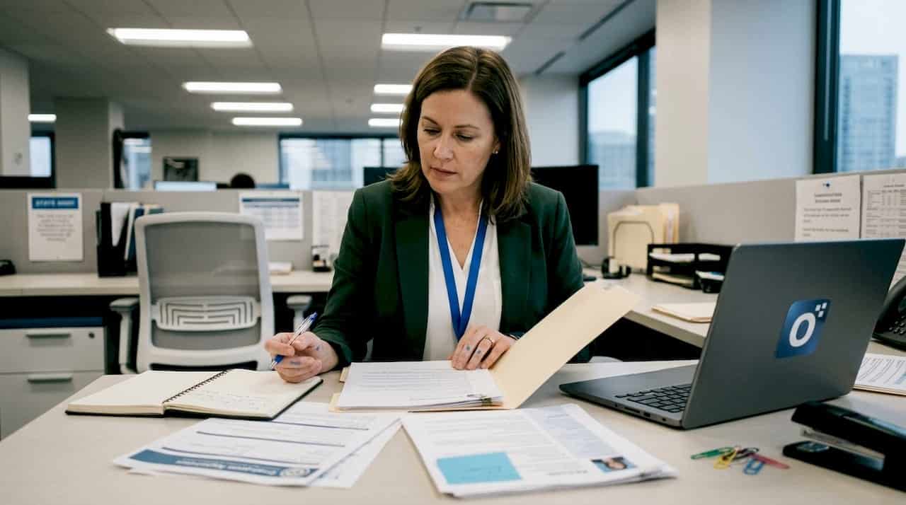 HR investigator reviewing applicant files at desk