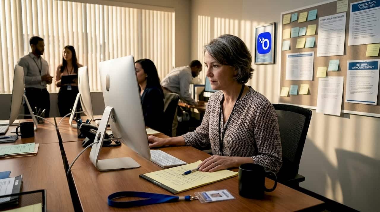 HR manager monitoring employee activity at desk
