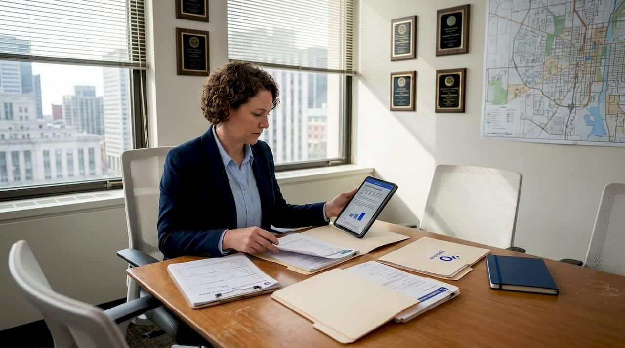 Hiring manager reviews candidate files in office