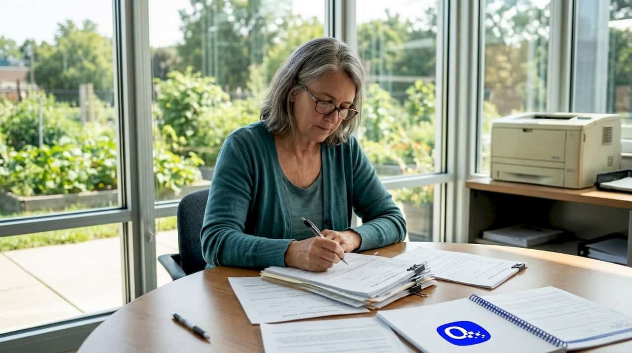 Nonprofit staff reviewing volunteer paperwork