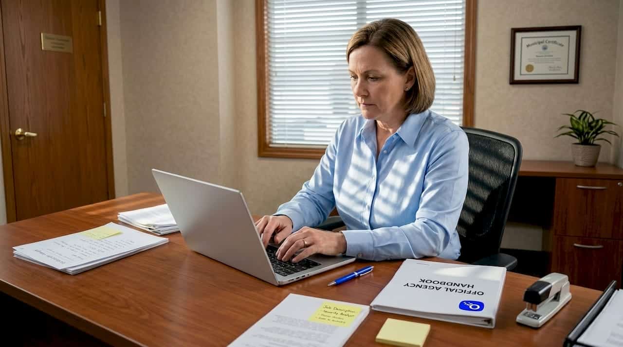 Security manager drafting job description at desk