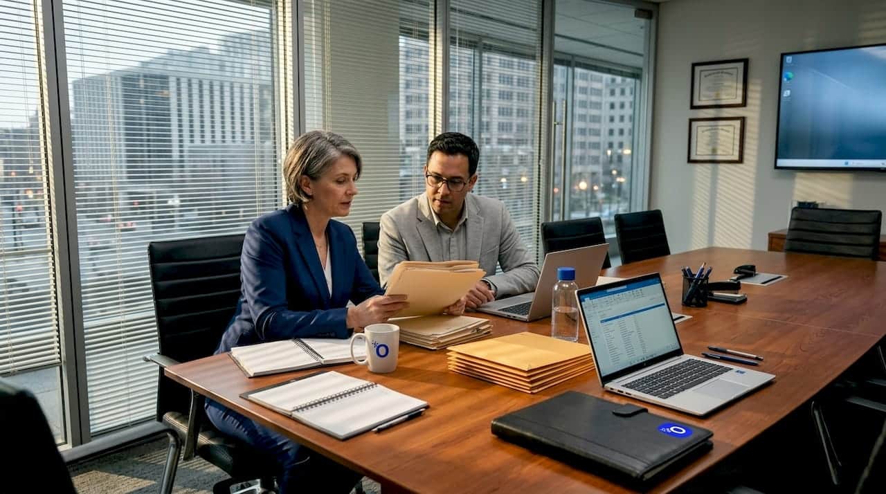 HR manager reviewing hiring documents in conference room