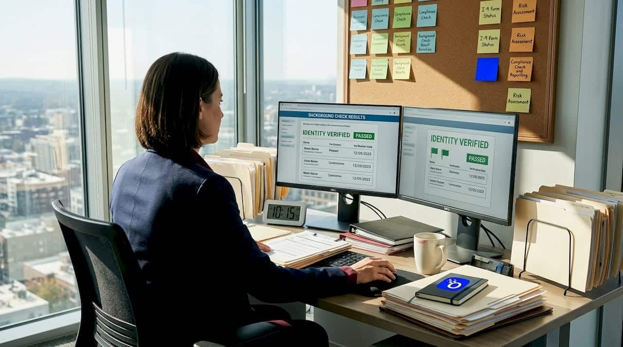 HR manager reviewing background check results on computer