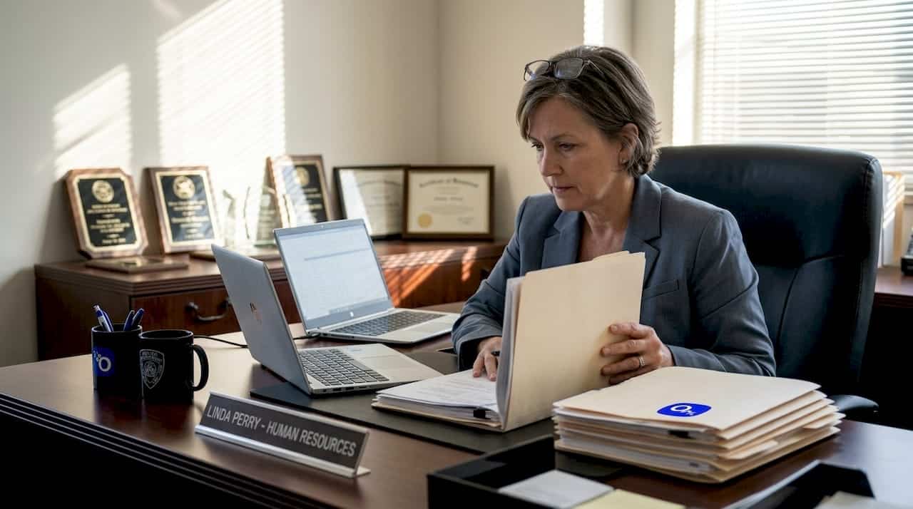 HR manager reviewing public safety candidate papers