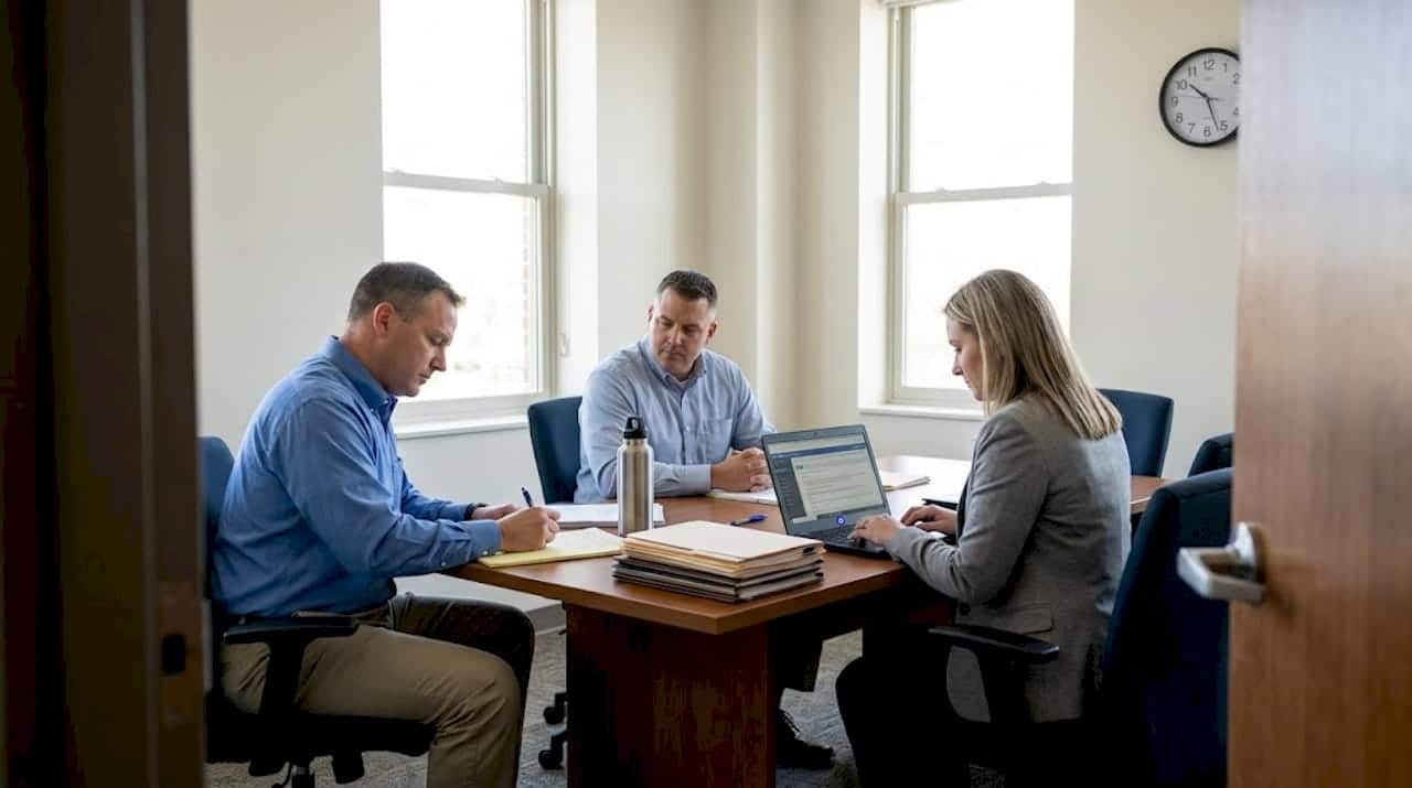 Officials reviewing compliance checklists in meeting