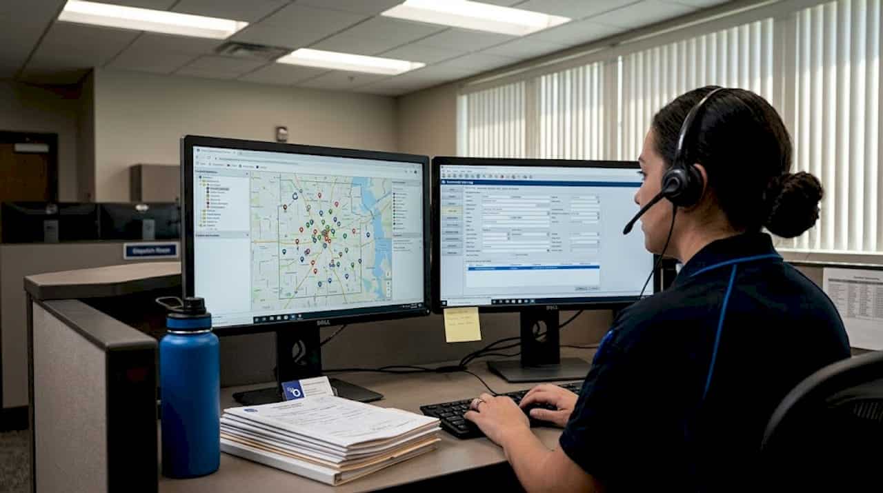 Dispatch operator managing calls at workstation