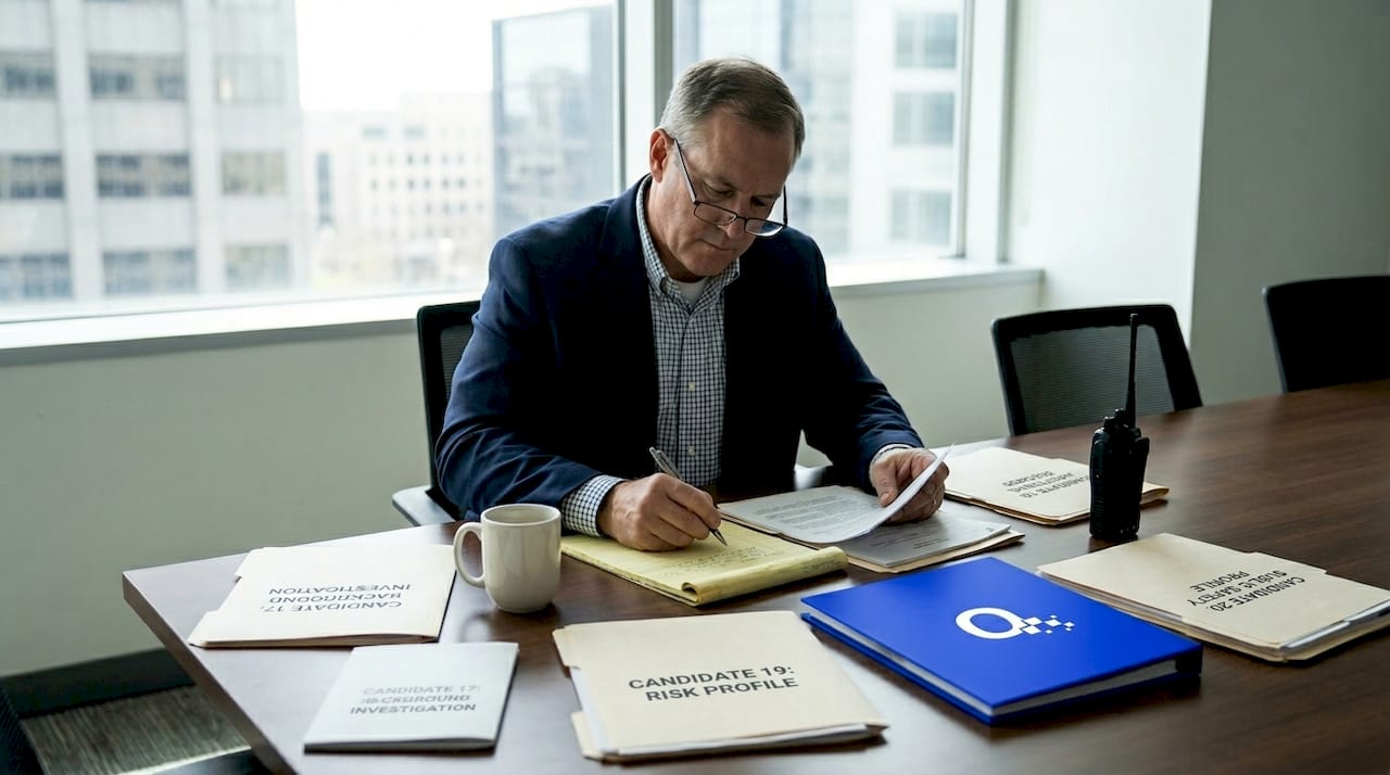 Police administrator reviews candidate files in conference room