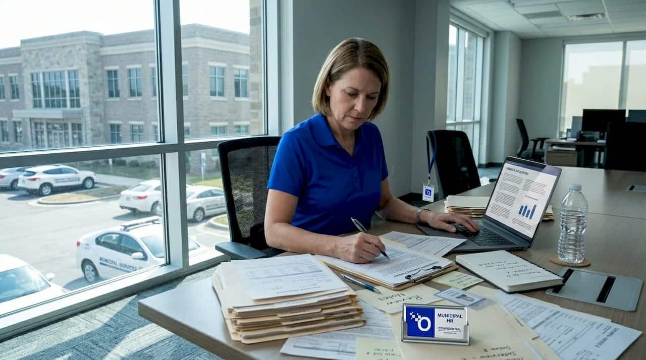 HR specialist reviewing candidate files in office