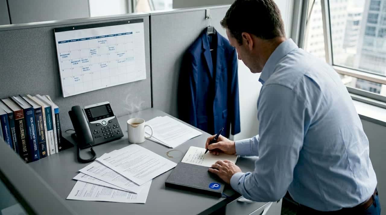 Risk manager reviewing resumes in workplace