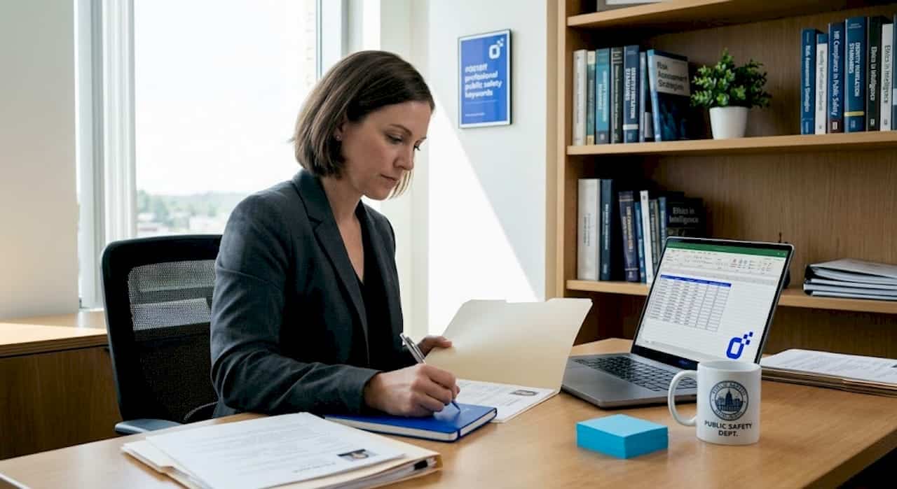 HR manager reviews applicant files in office