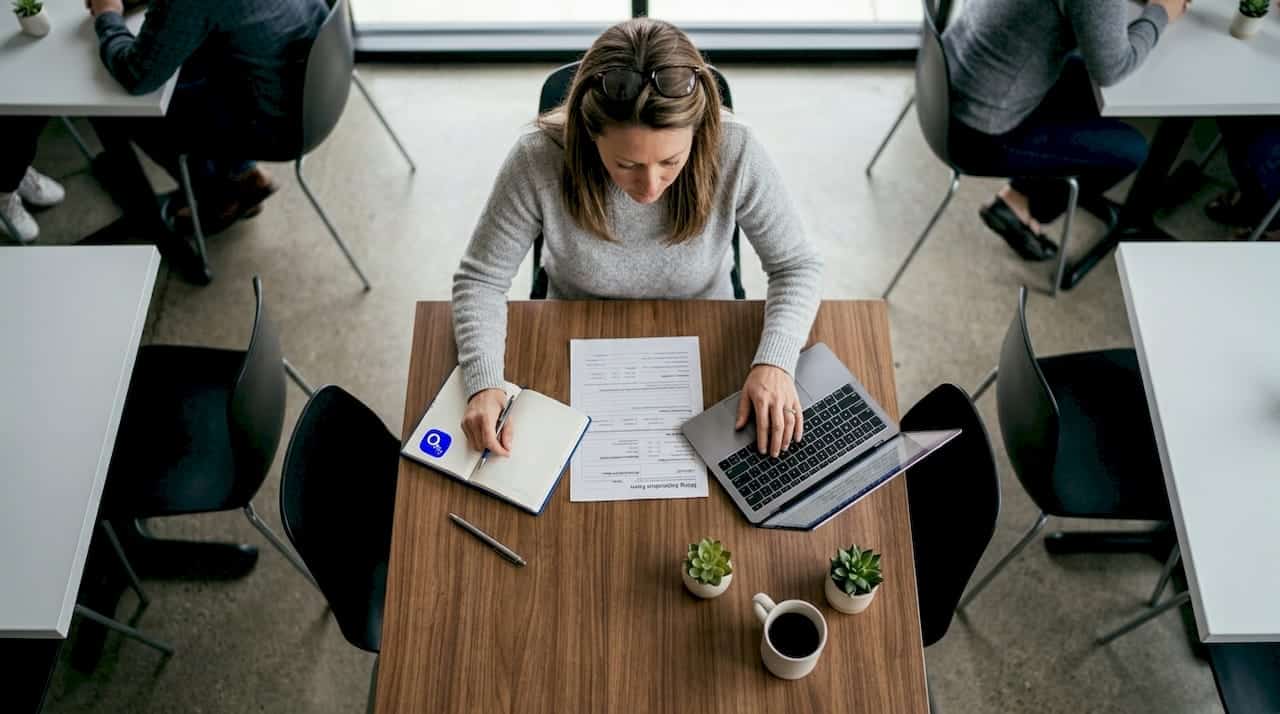Hiring manager reviewing resumes in small office