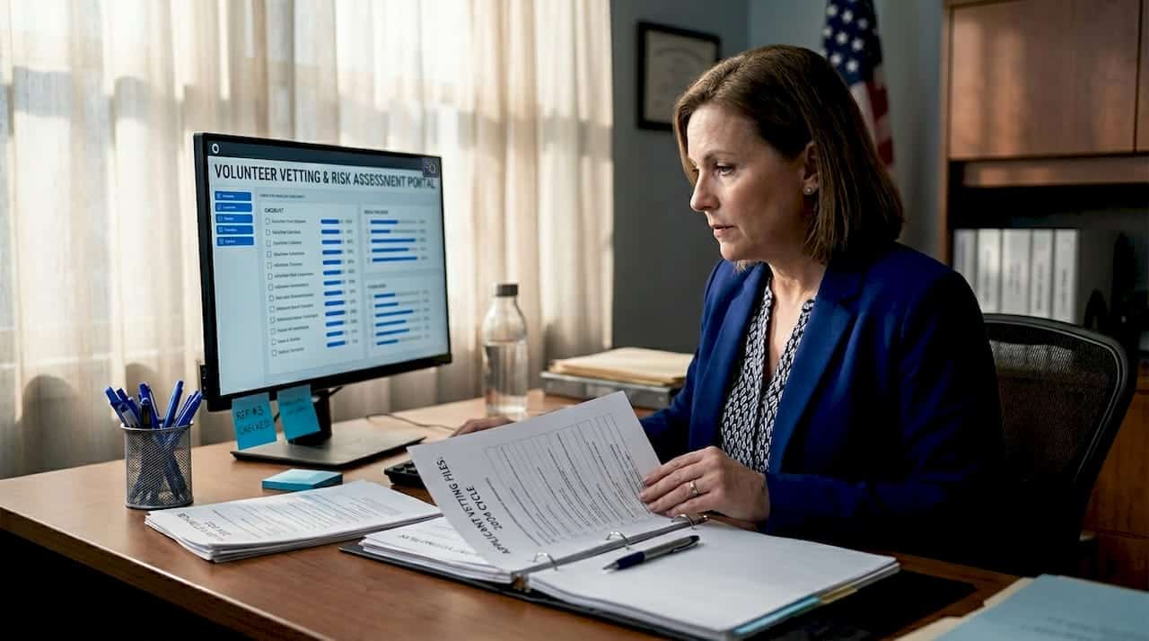 Compliance officer reviewing volunteer vetting files