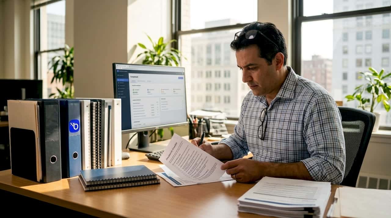 Compliance officer reviewing reports at desk