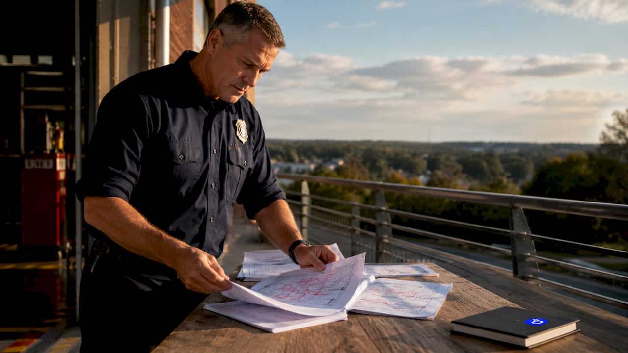 Fire department manager reviewing risk plans