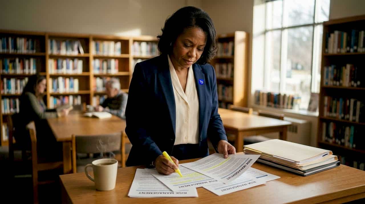 Nonprofit leader reviewing risk documents
