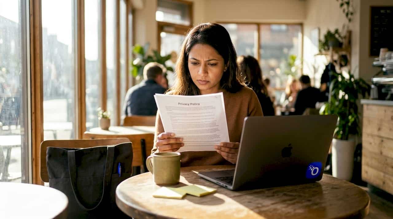 Woman reading printed data privacy policy