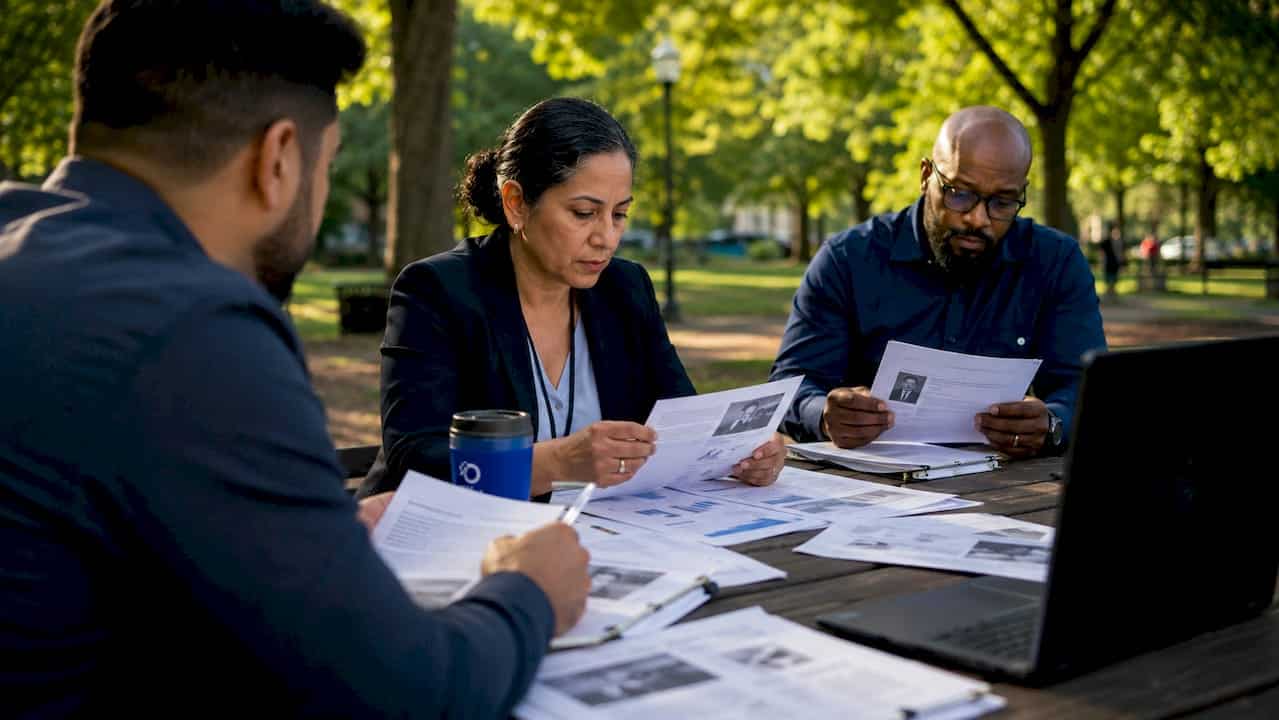 Investigators reviewing candidate case files in office