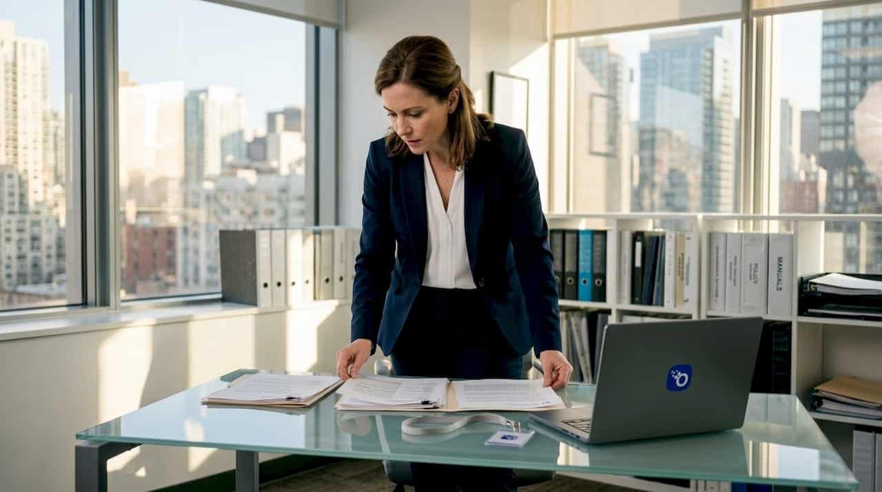 Analyst reviewing secure data files in government office
