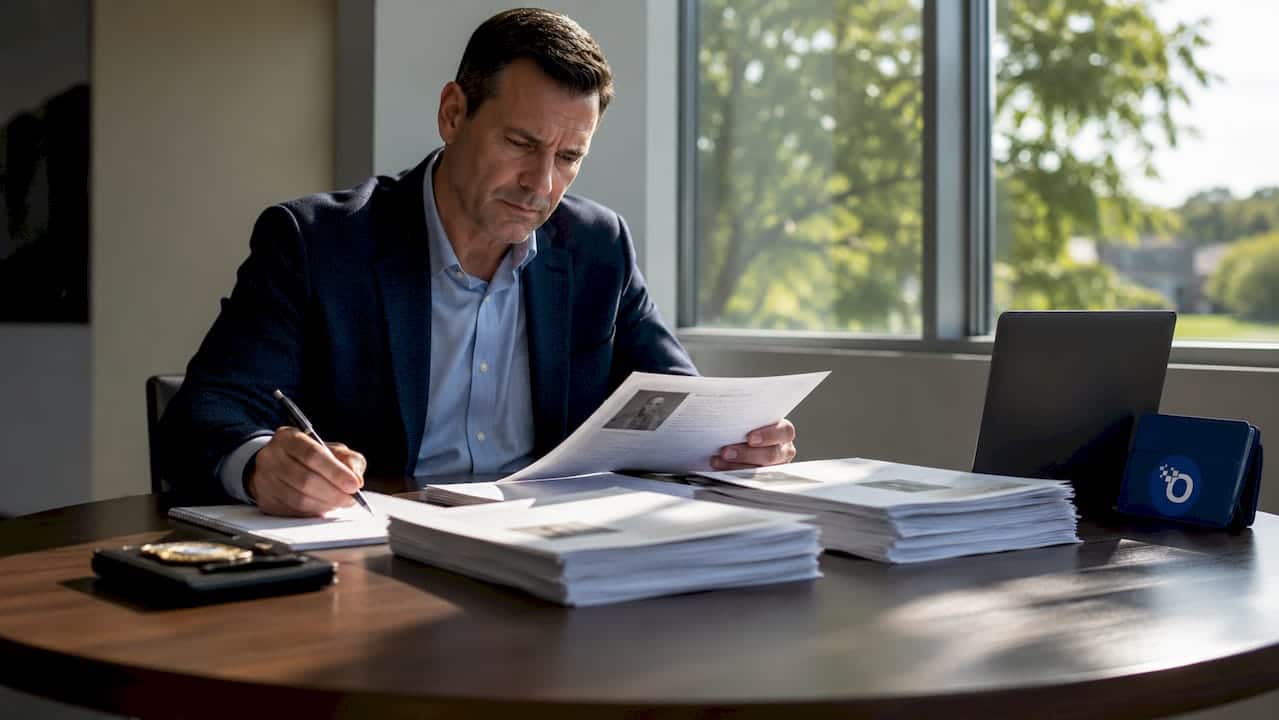Investigator reviewing verification documents at desk