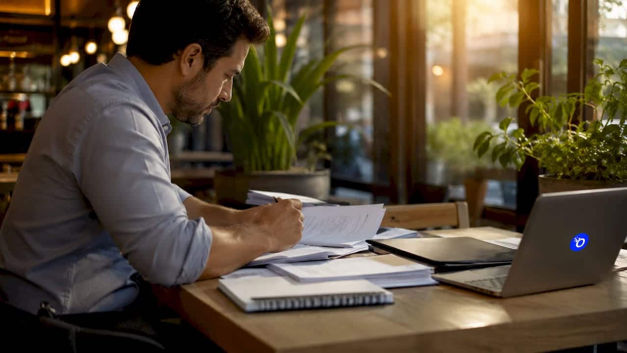 Investigator examining background check files at desk