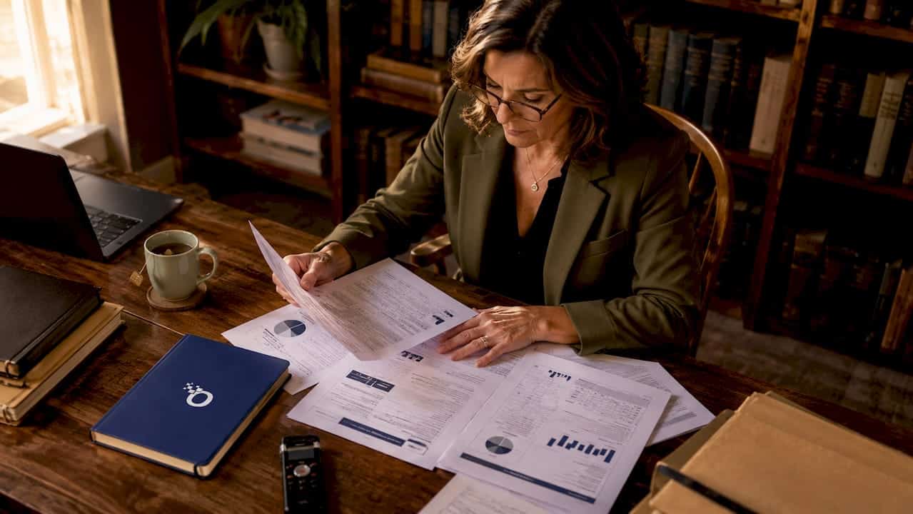Investigator reviewing risk assessment reports at desk