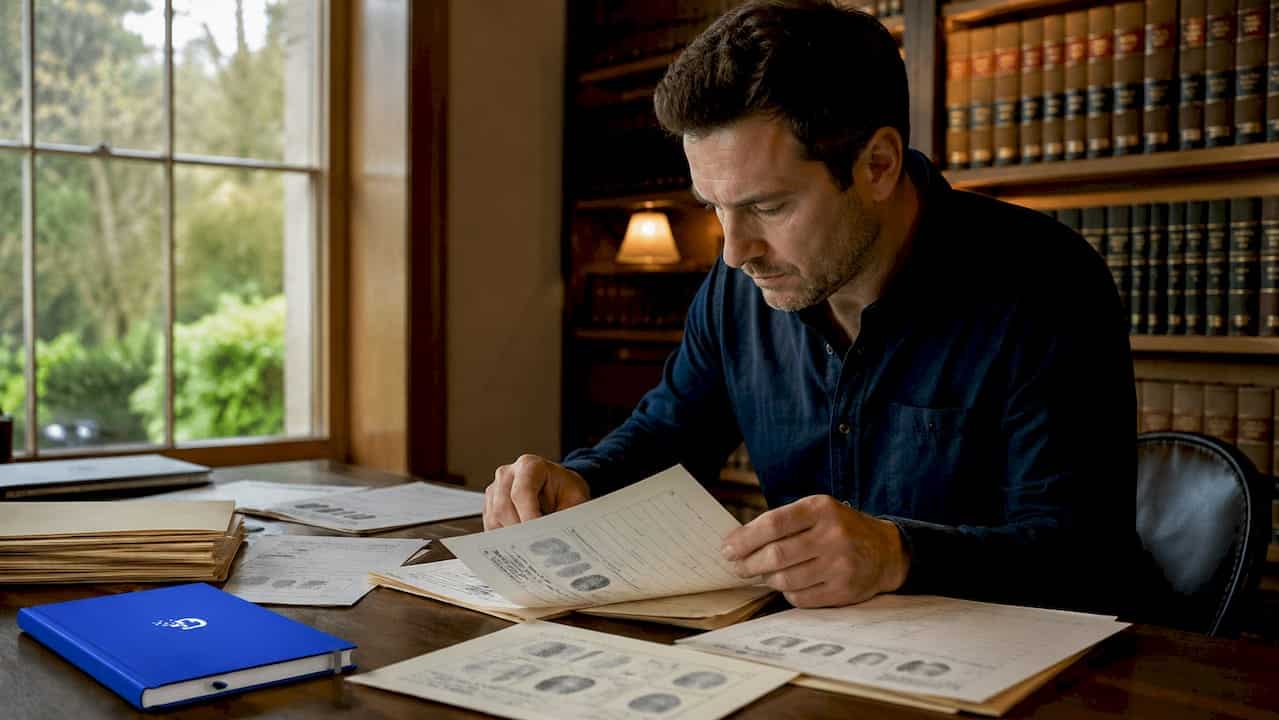 Investigator reviewing criminal case files at desk