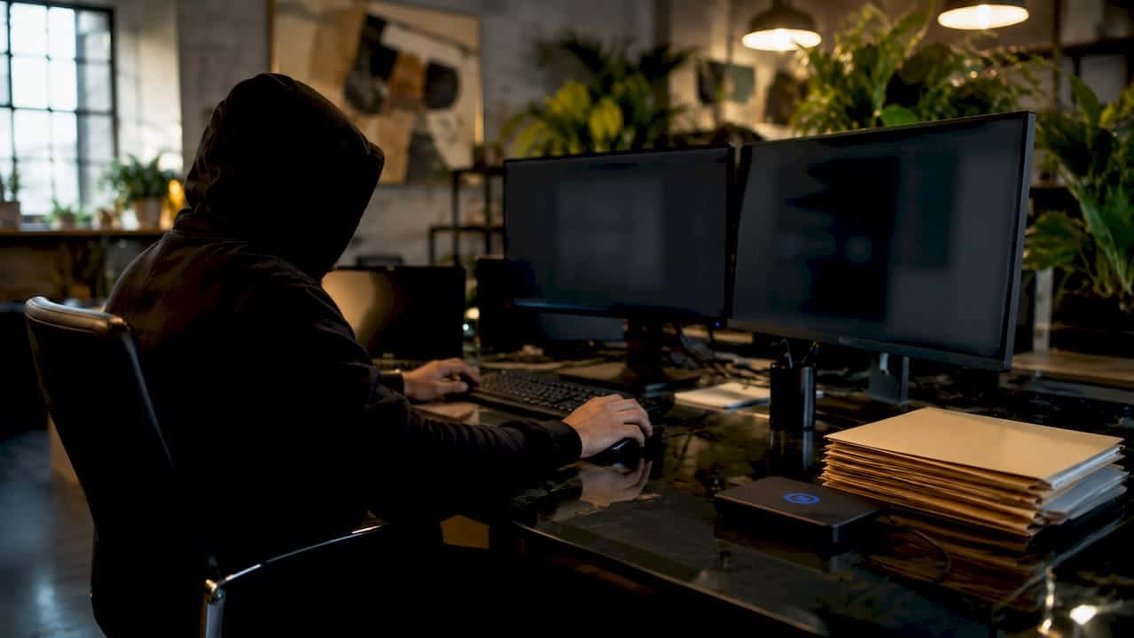 Over-the-shoulder view of analyst reviewing security data screens