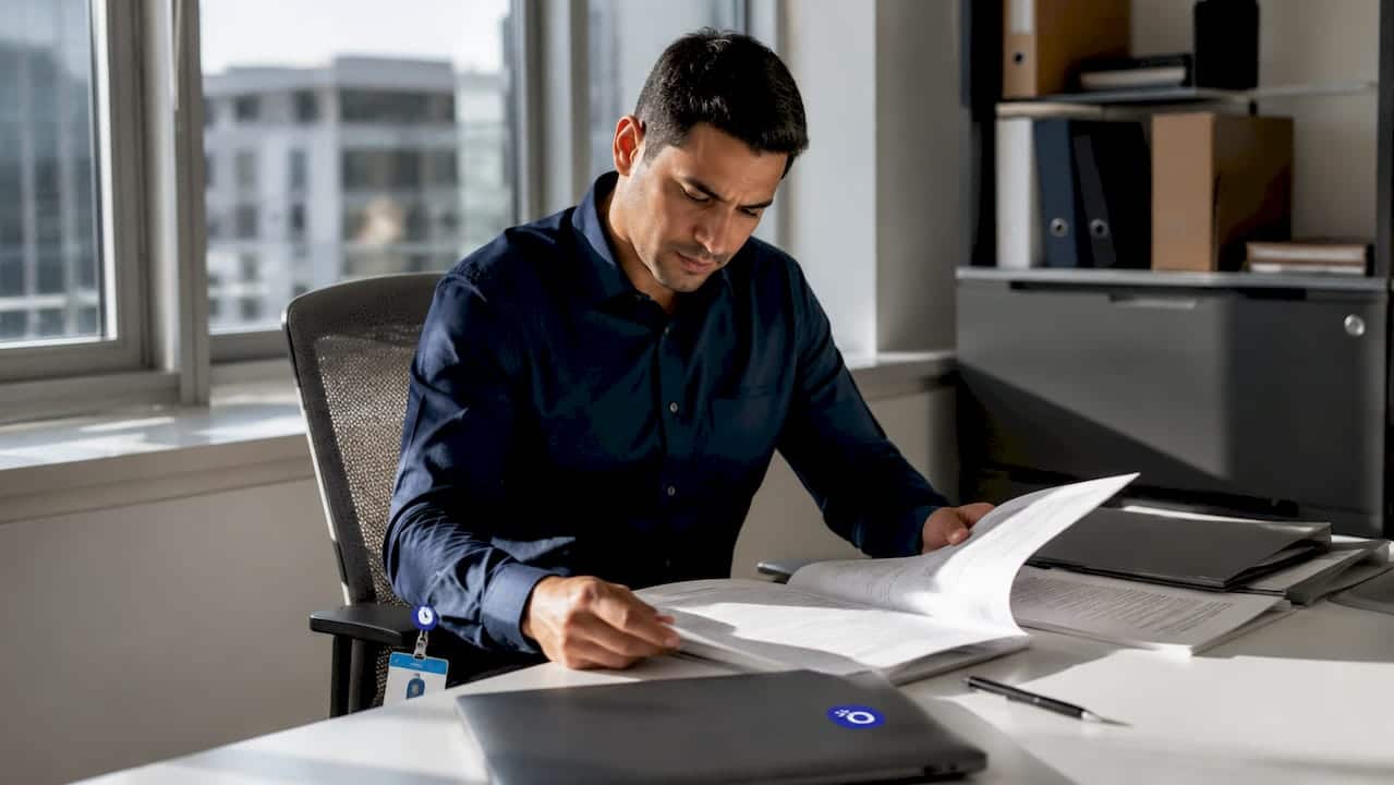 Analyst reviewing union agreement documents