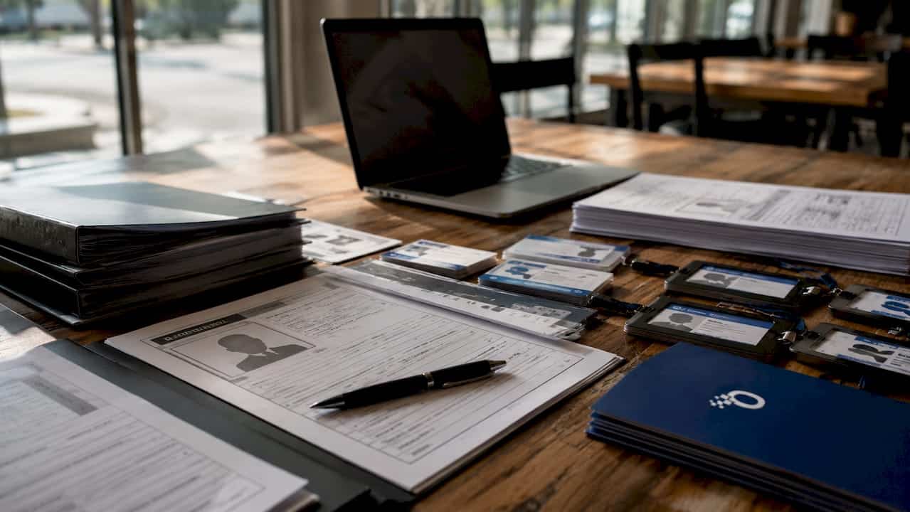 Organized recruitment files and ID badges in HR office