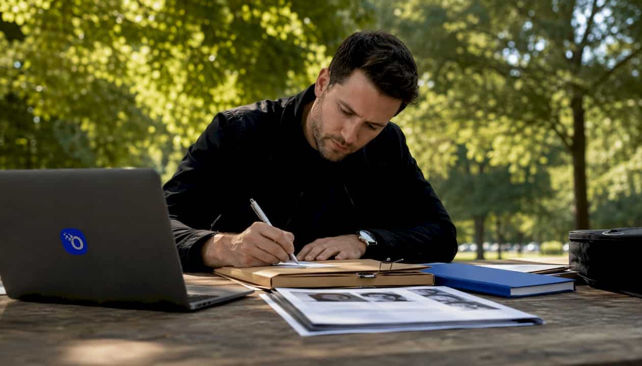 Investigator reviewing case files at desk