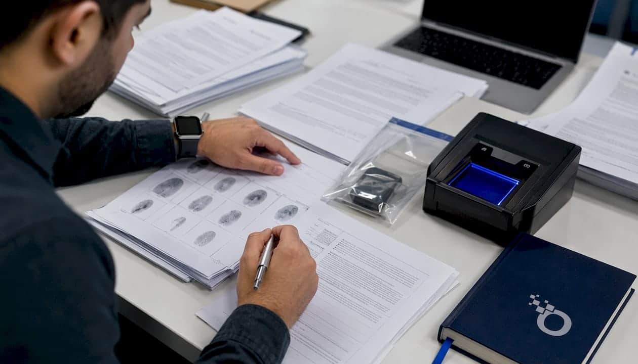 Investigator arranging fingerprint check case files