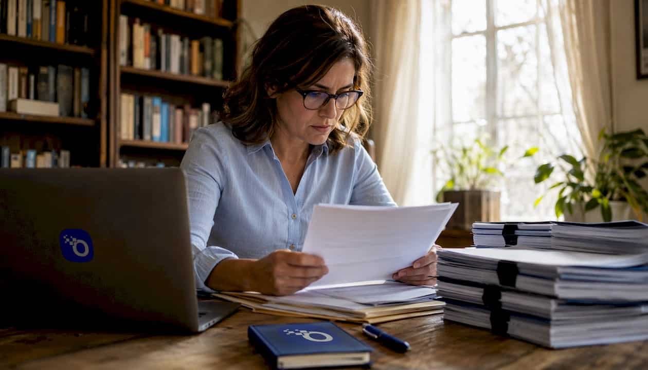 Investigator reviewing grant compliance documents in office