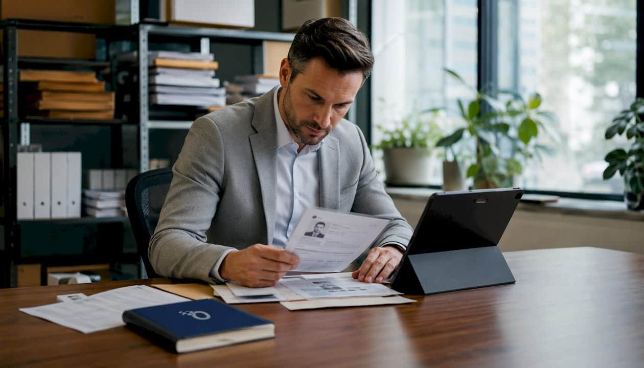 Hands typing with identity verification documents