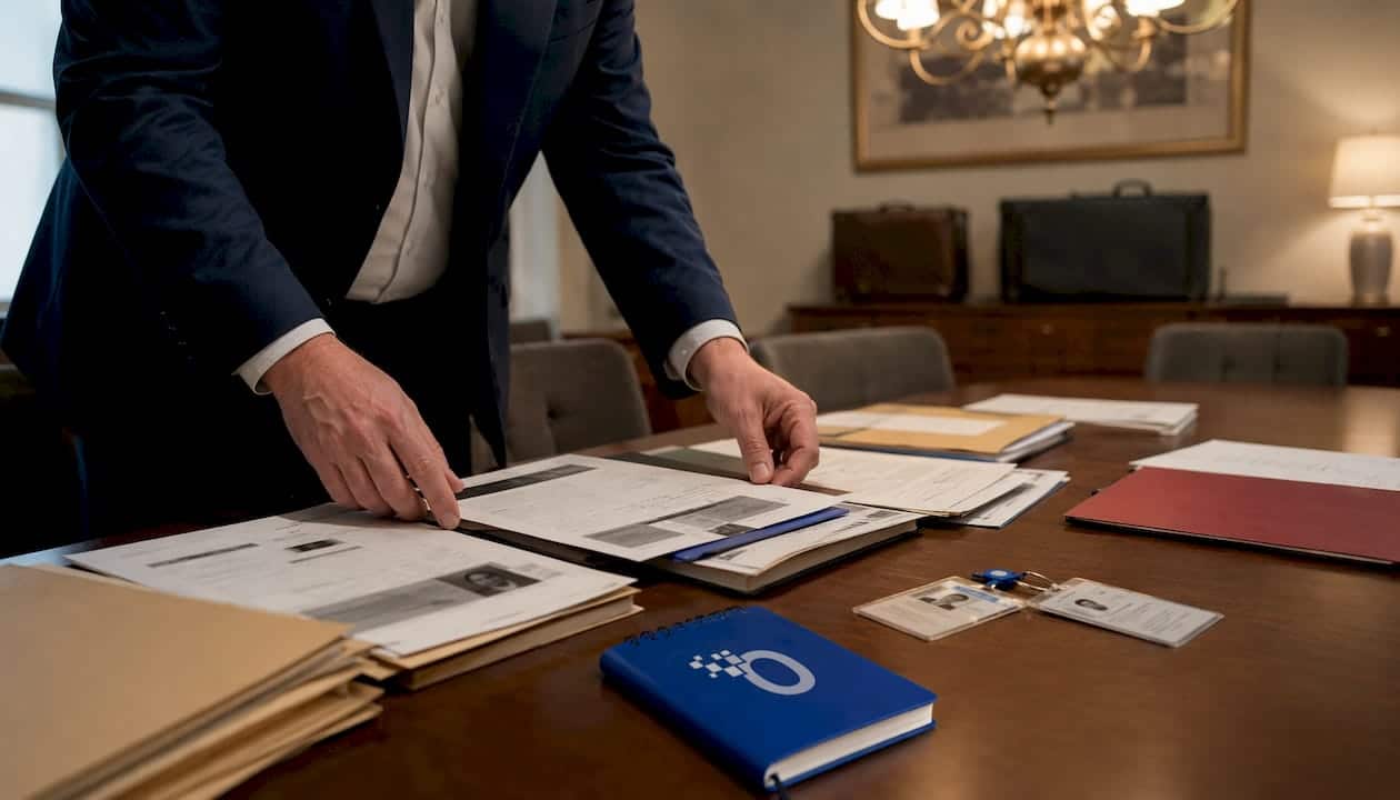 Investigator reviewing background check reports at table