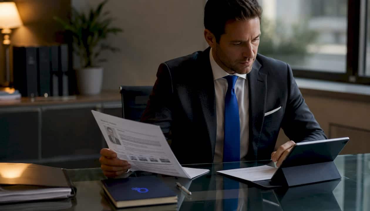 Investigator analyzing secure background check data on monitors